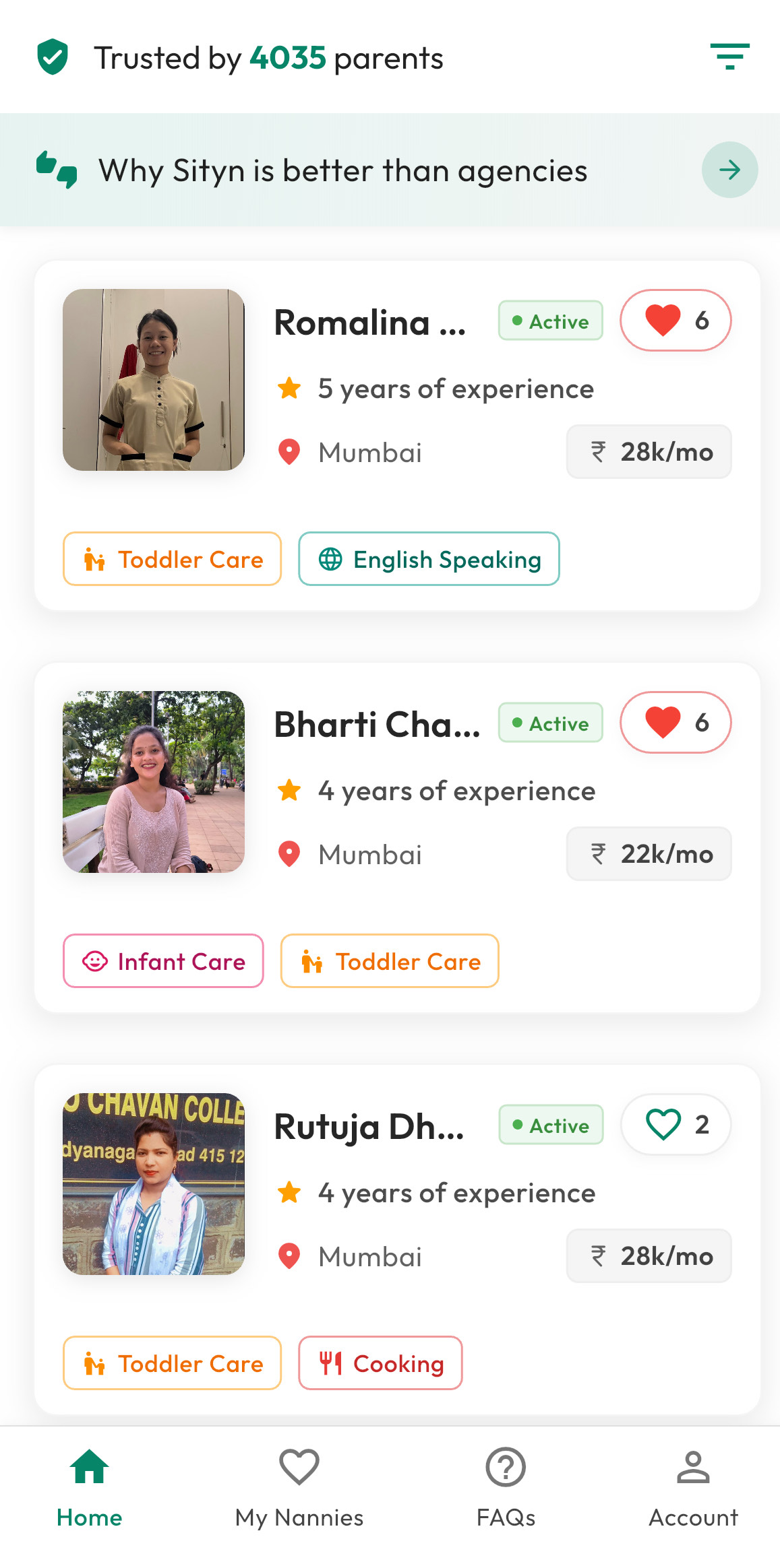 Sityn app interface showing nanny profiles